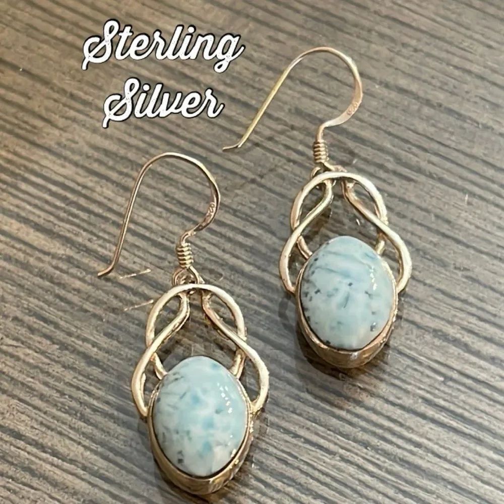 Vintage Sterling Silver Larimar Knot Oval Earrings - Dangle Earrings